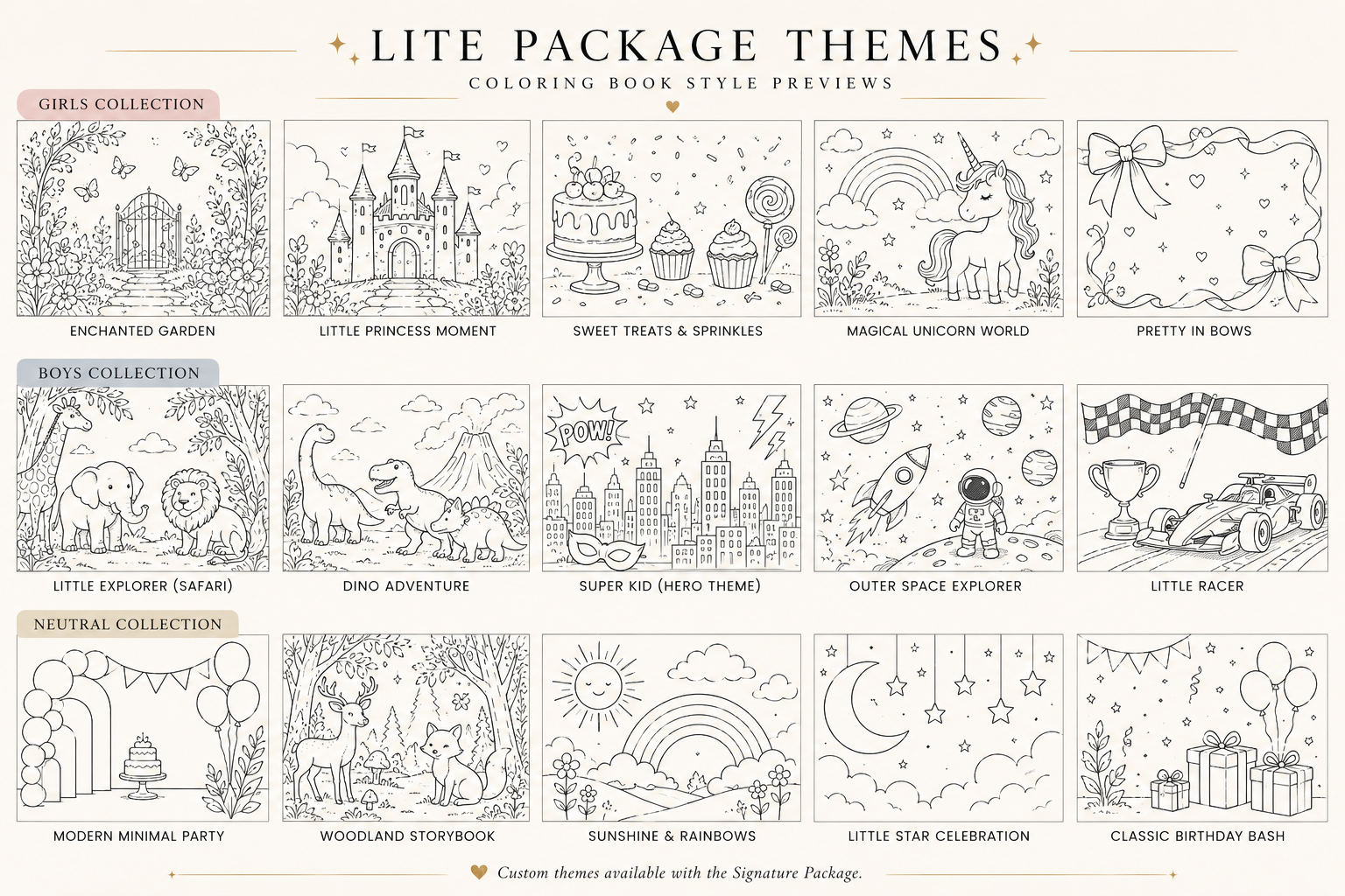 Lite package theme inspiration previews for Little Lux Stories coloring books